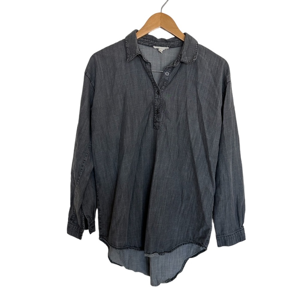 Eileen Fisher Chambray Half Button Up Long Sleeve Pullover Tunic Top